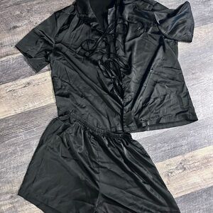 Luxurious Black Pajama Set with Silky Sheen